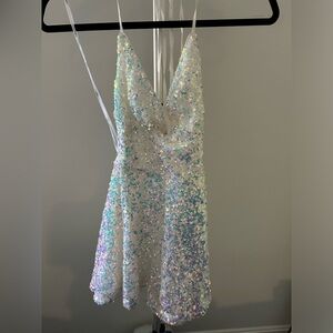Lulus Glittering Charm White Iridescent Sequin Knot-Front Romper